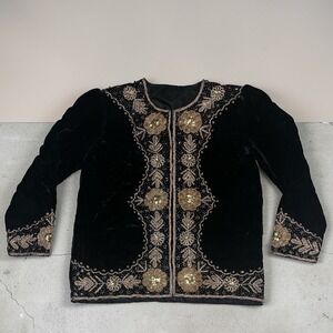 Vintage Black Velvet Beaded Sequin Jacket Gold Floral Embroidered Evening Bolero